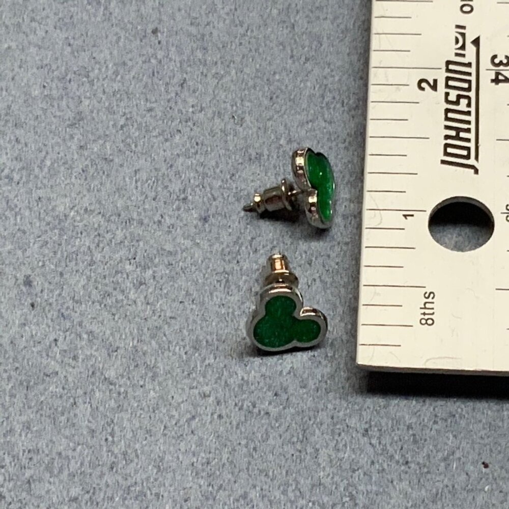 Disney Pierced Stud Earrings 0.5 In Mickey Mouse Ears Silver Green Sparkly Glam - Picture 6 of 6